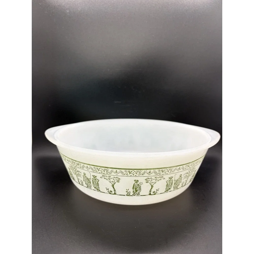 Vintage Glasbake Milk Glass With Roman Greek Green Design 2 QT Casserole‎ Dish